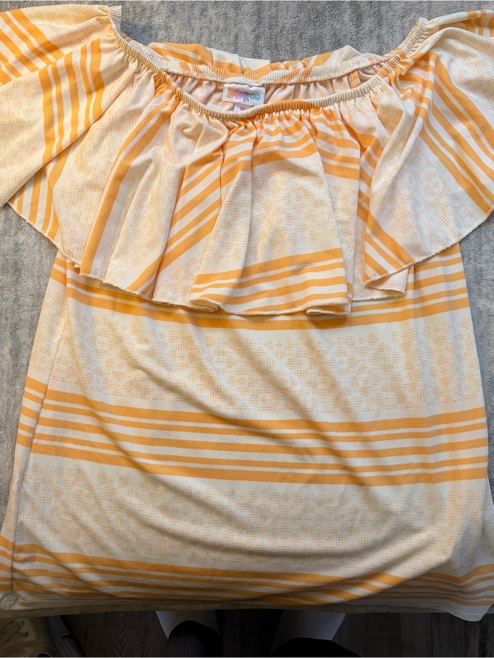 LuLaRoe Yellow Cream Off-Shoulder Ruffle Stripe Top